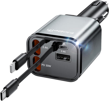 Retractable Car Charger Adapter for iPhone 17,4 in 1 Fast Charging Car Phone Charger,69W USB C Car Truck Accessories,Road Trip Essentials Gift for Men Women for iPhone 17 Pro Max/16/15/14/13/12,Galaxy