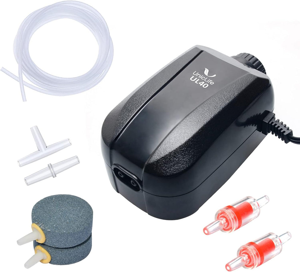 uniclife  dual outlet aquarium air pump for 5-200 gallon fish tank with accessories