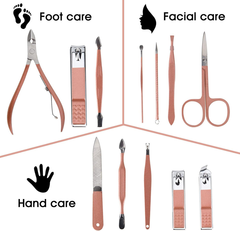 Nail clippers and beauty tool portable set with 12 in 1 manicure kit and pink leather bag