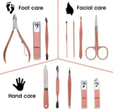 Nail clippers and beauty tool portable set with 12 in 1 manicure kit and pink leather bag