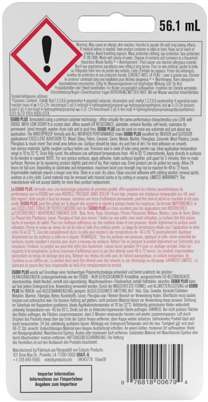 Eclectic Products inc. E6000 Plus Multi-PLrpose Clear Glue, Waterproof and Paintable, Strong Flexible Craft Adhesive for Wood, Glass, Fabric, Ceramic, Metal and More, 56.1ml