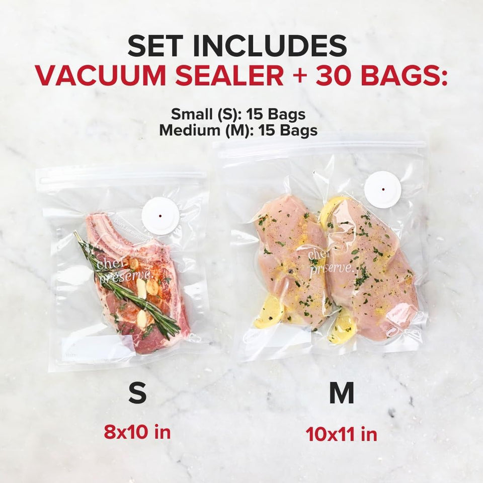 Chef Preserve Compact Vacuum Sealer for Food (Vacuum Sealer Machine + 30 Reusable Vacuum Bags) Powerful Handheld Vacuum Sealer Machine, Seal Meal Saver, Portable Food Sealer