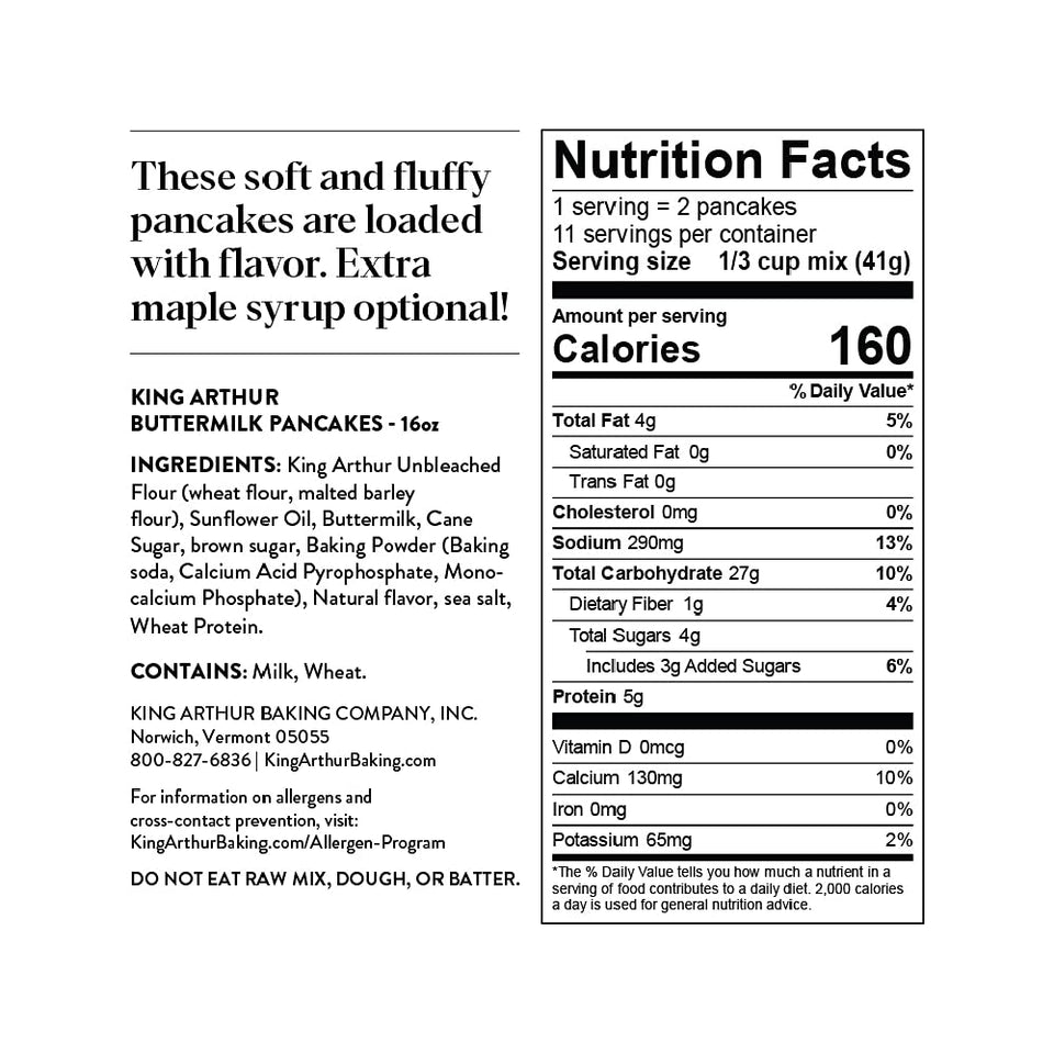 King Arthur Buttermilk Pancake Mix, Non-GMO, Kosher, Just Add Water, 16 Oz, Makes 22 Pancakes