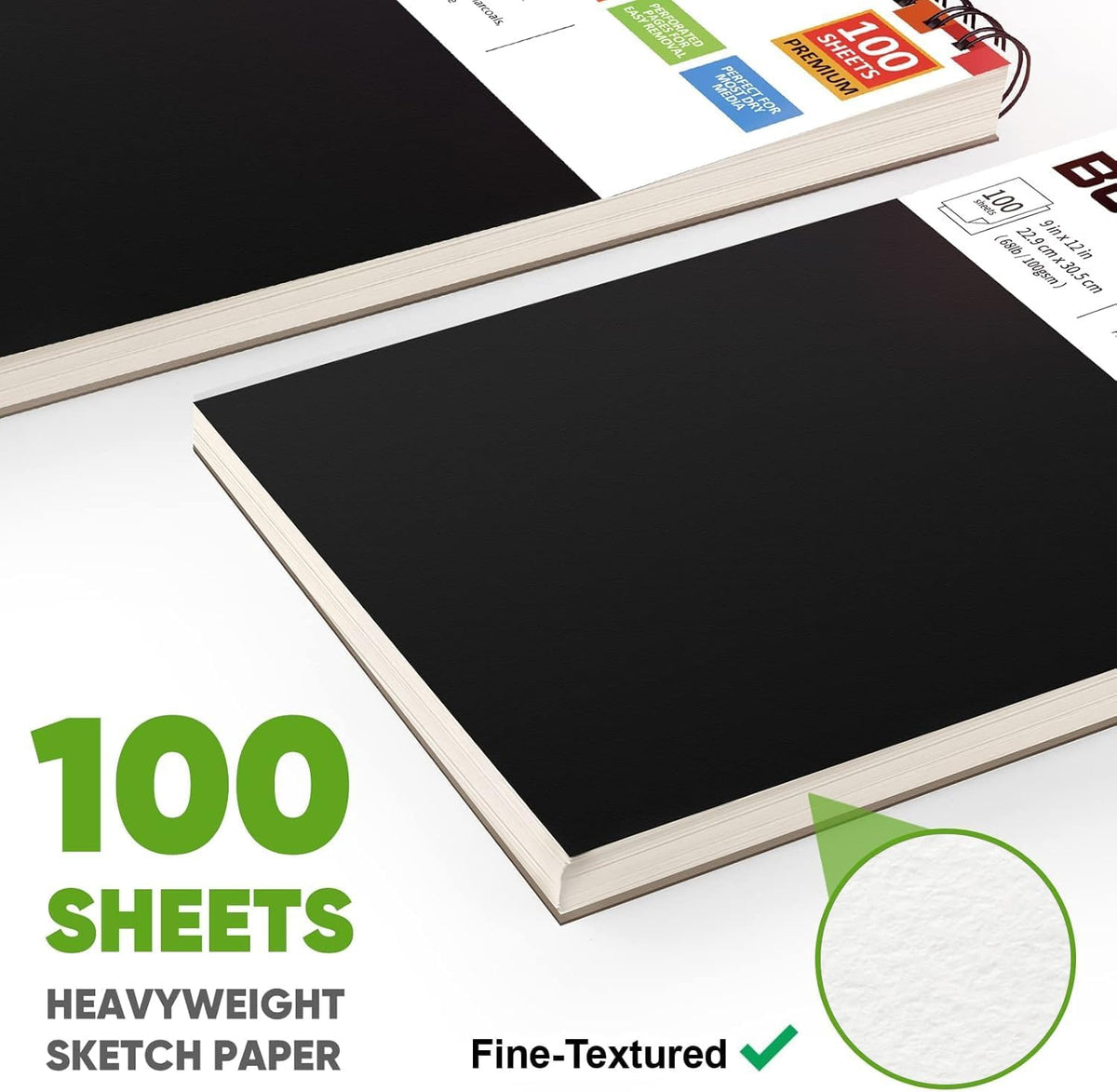 Soucolor Sketch Book, Spiral Bound Acid-Free Sketchbook with 68lb/100gsm for Paper Painting, Drawing, Writing, Artist Sketching Pad for Kids, Adults & Teens, 100 Sheets (Black, 9 x 12 Inch, Pack of 1)