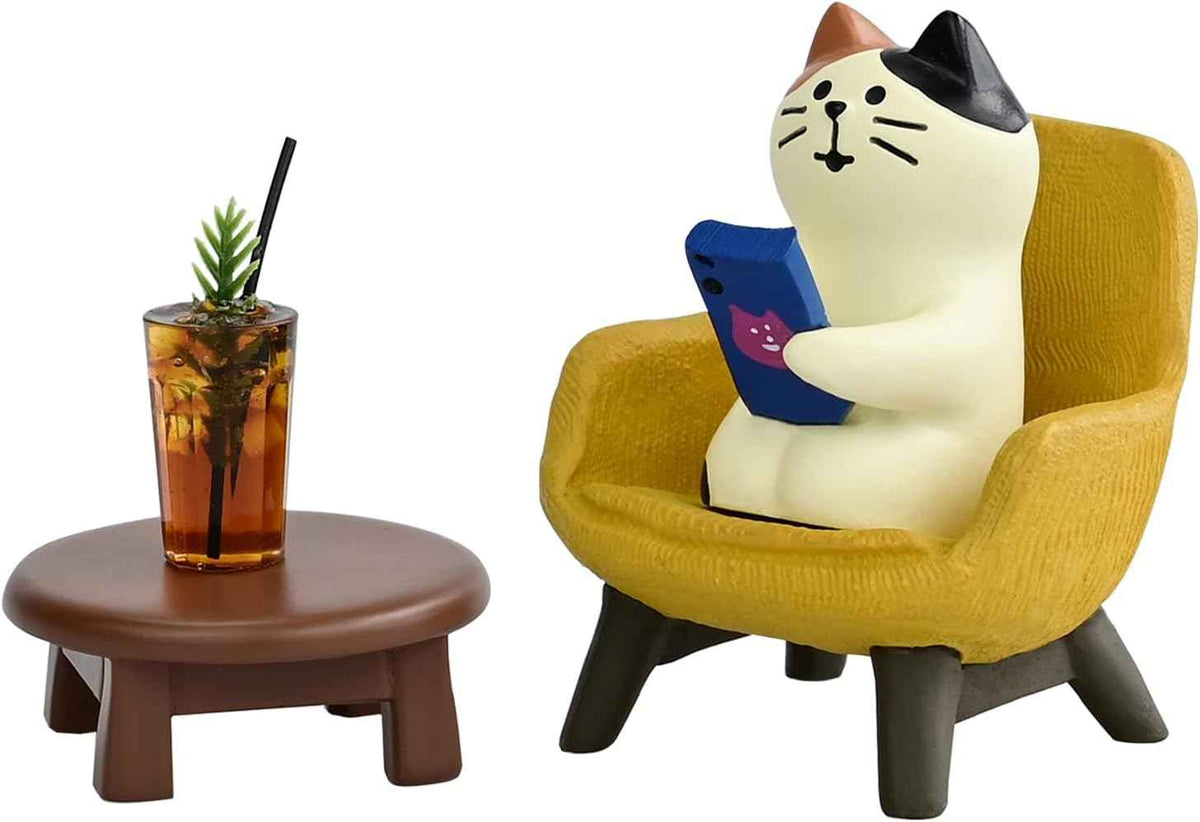 Cute Cat Playing Phone on Sofa and Drinking Coffee Figurine for Office Home Decor - Cute Cat Gift for Cat Lovers