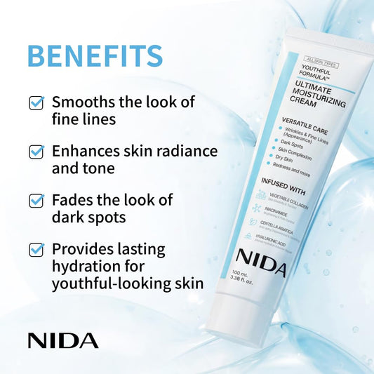 NIDA Youthful Formula™ Ultimate Moisturizing Cream | Centella Asiatica, Niacinamide, Hyaluronic Acid, Collagen | Wrinkles, Fine Lines, Dark Spots, Dry Skin, Redness | 3.38 fl. oz., 100ml (New Formula)