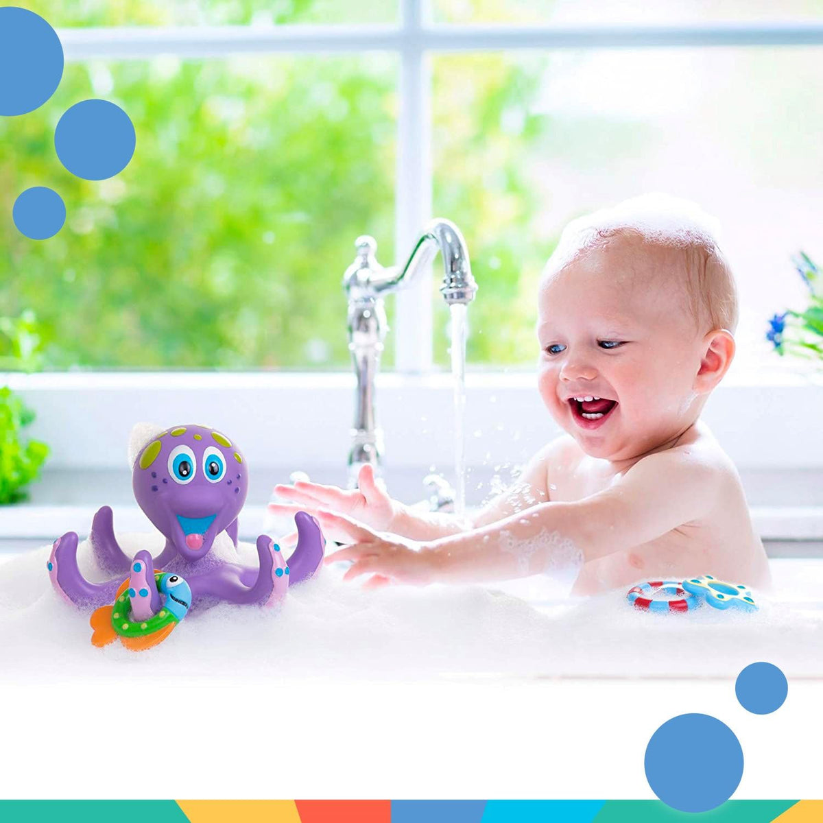 Nuby Floating Octopus with 3 Hoopla Rings - Baby & Toddler Bath Toy - No Hole Design Keeps Moisture Out - Fine Motor Skills - 18+ Months - Great Baby Pool Toys