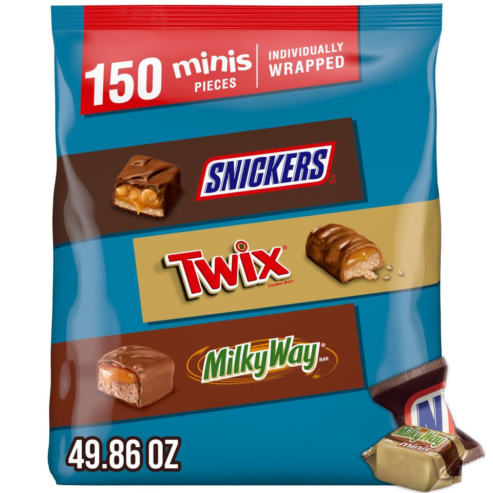 Snickers, Twix & Milky Way Minis assorted 150-count bulk candy mix bag, 2.93 pounds