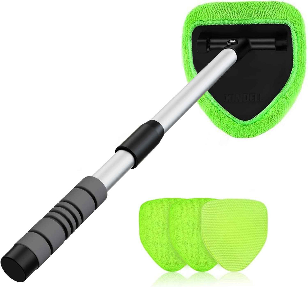 XINDELL Windshield Cleaner Tool – Car Interior Window Cleaning Kit with Extendable Handle & 4 Microfiber Pads, Auto Wiper Inside Windshield Brush for Car & Home Windows