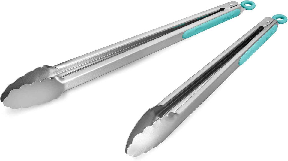 304 Stainless Steel Kitchen Cooking Tongs, 9" and 12" Set of 2 Sturdy Grilling Barbeque Brushed Locking Food Tongs with Ergonomic Grip, Black