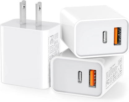 3 Pack USB C Wall Charger, 20W Durable Dual Port QC+PD 3.0 Power Adapter, Double Fast Plug Charging Block for iPhone 14/15/16/17 Pro/Pro Max/Plus, XS/XR/X, Watch Series 8/7 Cube，White