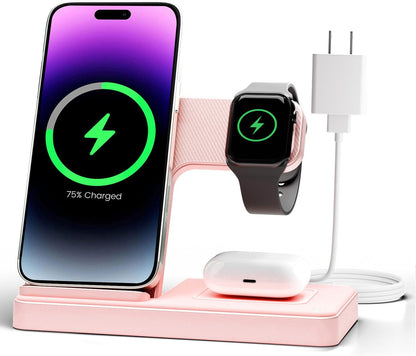 Wireless Charger iPhone Charging Station: 3 in 1 Charger Stand Multiple Devices for Apple - iPhone 16e 16 15 14 Pro Max 13 12 11 - Watch 10 9 8 7 6 5 4 3 2 SE and Ultra Series - Airpods 4 3 2 Pro - Rayz Mart