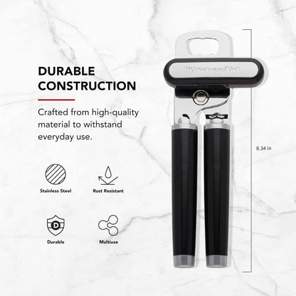 KitchenAid Classic Multifunction Can Opener and Bottle Opener Easy to Use, Razor Sharp Stainless Steel Cutting Wheel, Soft Ergonomic Handles, Black