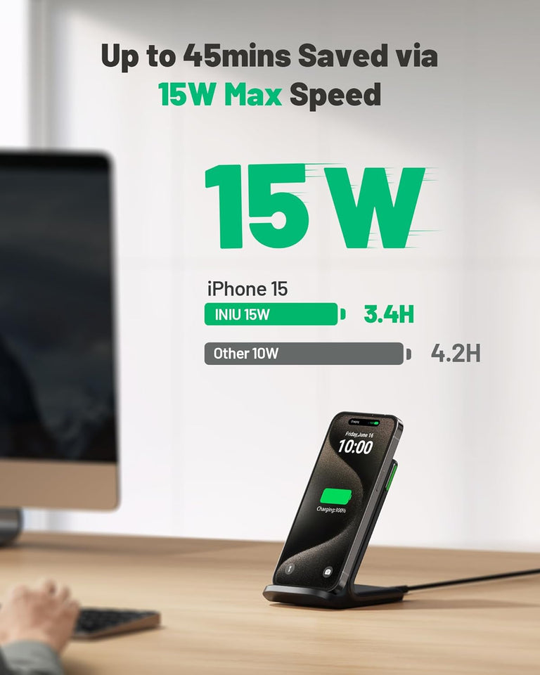 INIU Wireless Charger, 15W Fast Qi Certified Wireless Charging Station with Sleep-Friendly Adaptive Light Compatible with iPhone 16 15 14 13 Pro XS 8 Plus Samsung Galaxy S25 S24 S23 Note 20 Google etc - Rayz Mart