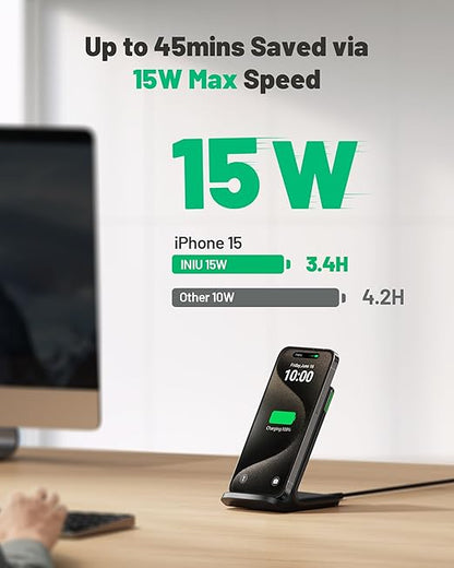 INIU Wireless Charger, 15W Fast Qi Certified Wireless Charging Station with Sleep-Friendly Adaptive Light Compatible with iPhone 17 16 15 14 13 12 Pro Max Samsung Galaxy S25 S24 S23 Note 20 Google etc