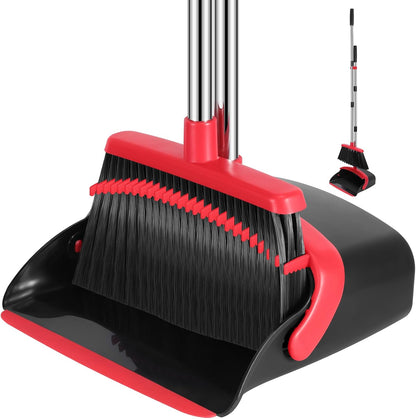 NACENA Broom and Dustpan Set, 52-in Long Adjustable Handle Broom Dustpan Combo with Dustpan Teeth to Automatically Clean Hair Suitable for Home Kitchen Office Hall Floor（Black&Red）