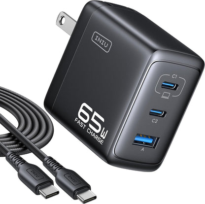 INIU 65W USB C Charger Block, 3-Port GaN Fast Charging Adapter with 100W Cable & Advanced Protection, Foldable Travel Charger for iPhone 17 16 15 Pro Max, iPad, Samsung S26 S25 Ultra, Pixel 10 9 etc