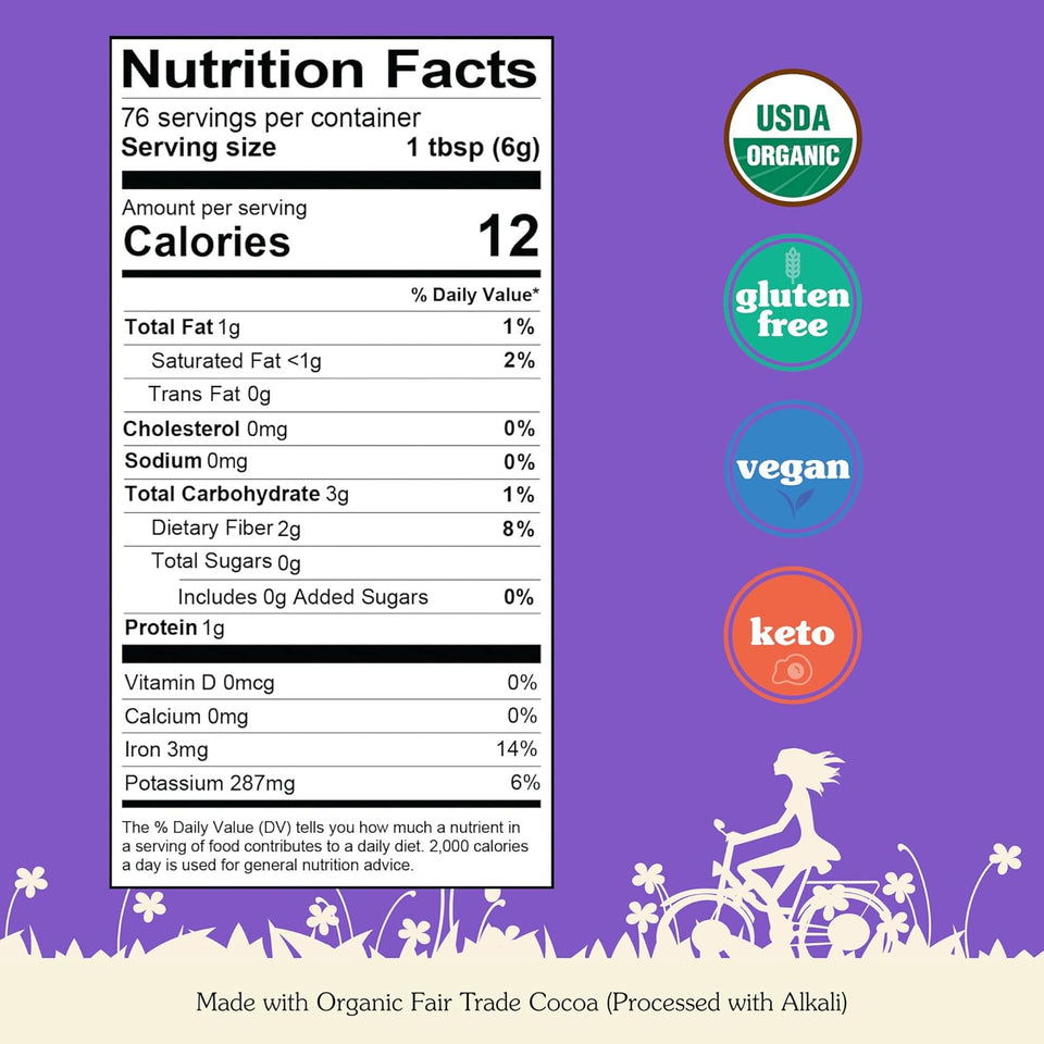 NuNaturals Unsweetened Organic Fairtrade Certified Dutch-Process Cocoa Powder, 1 lb for Baking and Drinking
