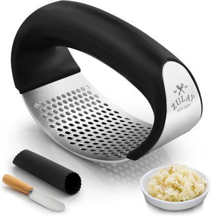 Zulay Kitchen Stainless Steel Garlic Press Rocker Set - Premium Garlic Mincer Garlic Crusher - New Innovative Garlic Crusher with Peeler and Scraper - Comfortable Grip (Black)