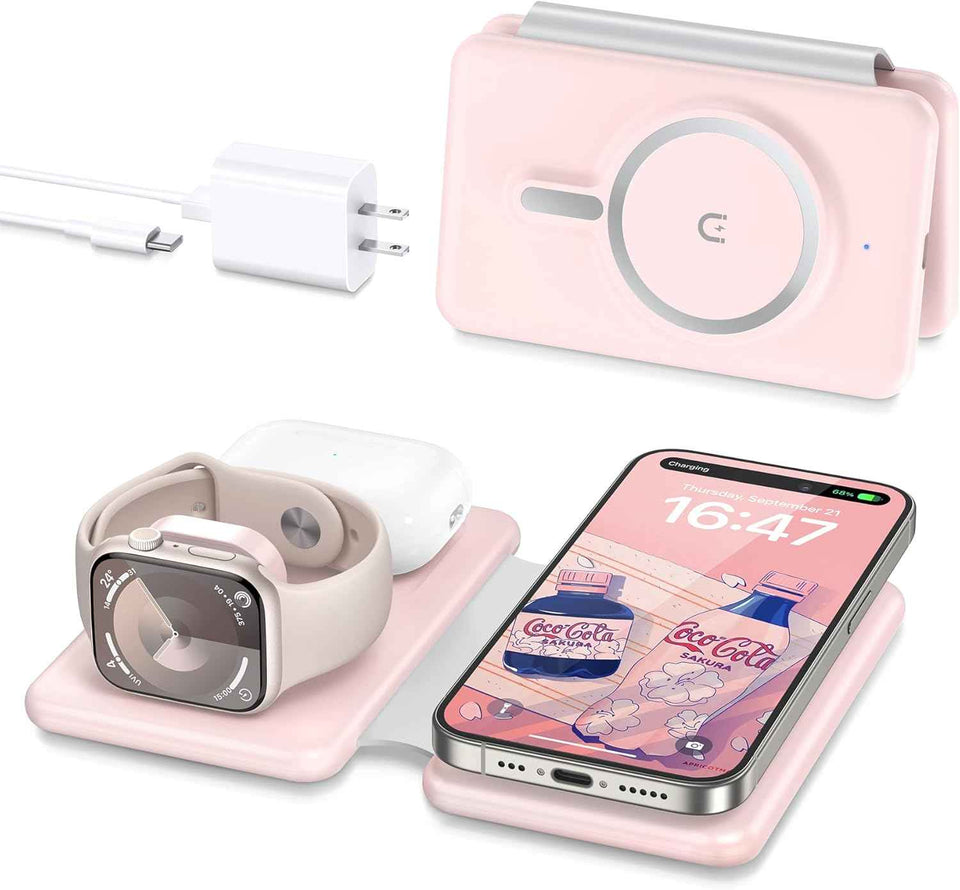 Magnetic Wireless Charger for iPhone: 3 in 1 Travel Charging Station for Apple Devices for iPhone 17 Air 16 15 14 13 12 Pro Max Plus - Foldable Charging Pad for Apple Watch Series & Airpods 4 3 2 Pro