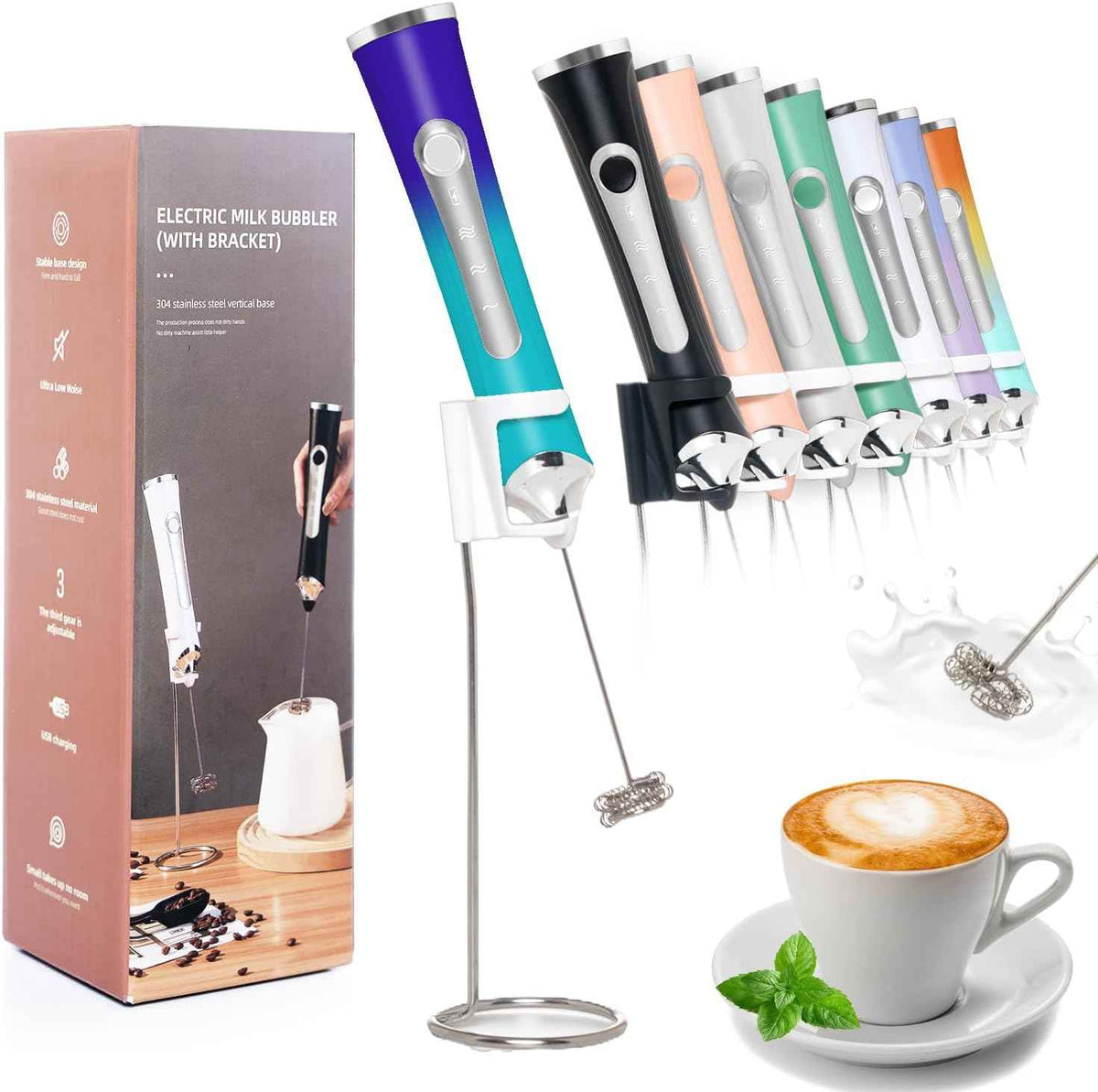 Rechargeable Milk Frother Handheld For Coffee,3 Speeds Frother Wand With Stand, Batidora De Mano Electrica,Coffee Frother With 2 Heads,Drink Mixer Electric Handheld,Kitchen Essentials(Black)