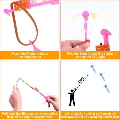 25 Sets LED Flying Set, 25 Slingshot+25 Glow Helicopter-50 Pcs, Flying Toy Outdoor Toys Glow in The Dark Party Supplies Party Favors for Kids 8-12,4-8