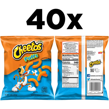 Cheetos cheese flavored puffs snacks, pack of 40, 0.875 ounce individual bags, real cheese