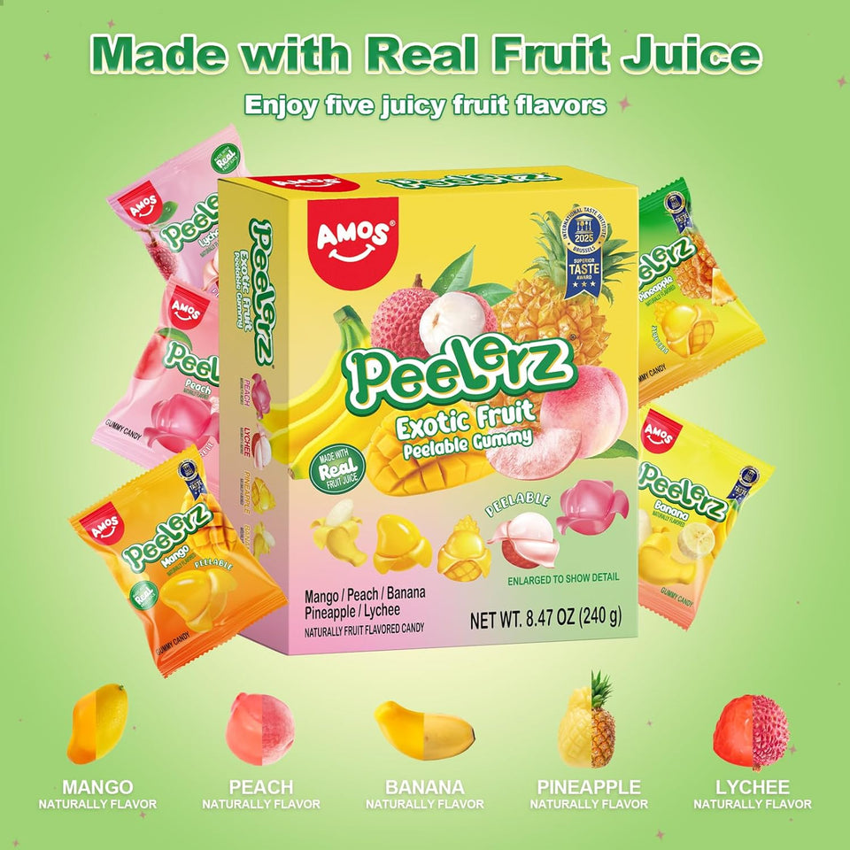 AMOS Peelerz Exotic Fruit Peelable Gummy Candy – 5 Fruit Flavors (Mango, Peach, Banana, Pineapple, Lychee), 8.47oz (240g), Individually Wrapped