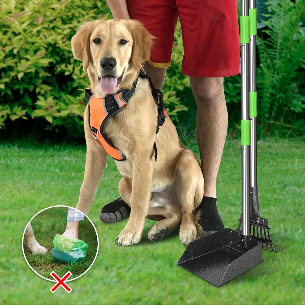 TOOGE Pooper Scooper, Dog Pooper Scooper Long Handle Stainless Metal Tray and Rake for Medium Small Dogs Heavy Duty Pet Supplies to Use for Grass, Dirt or Gravel