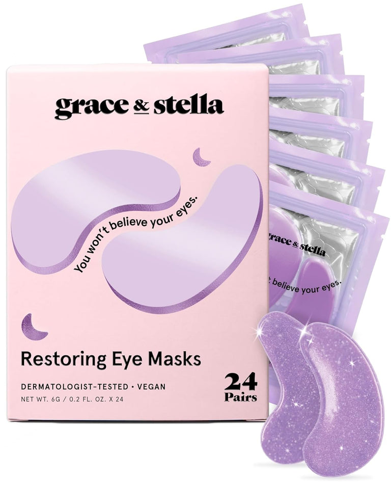 grace & stella Retinol Under Eye Patches for Puffy Eyes & Dark Circles - Restoring Gel Under Eye Masks with Hyaluronic Acid - Purple, 24 Pairs for Women