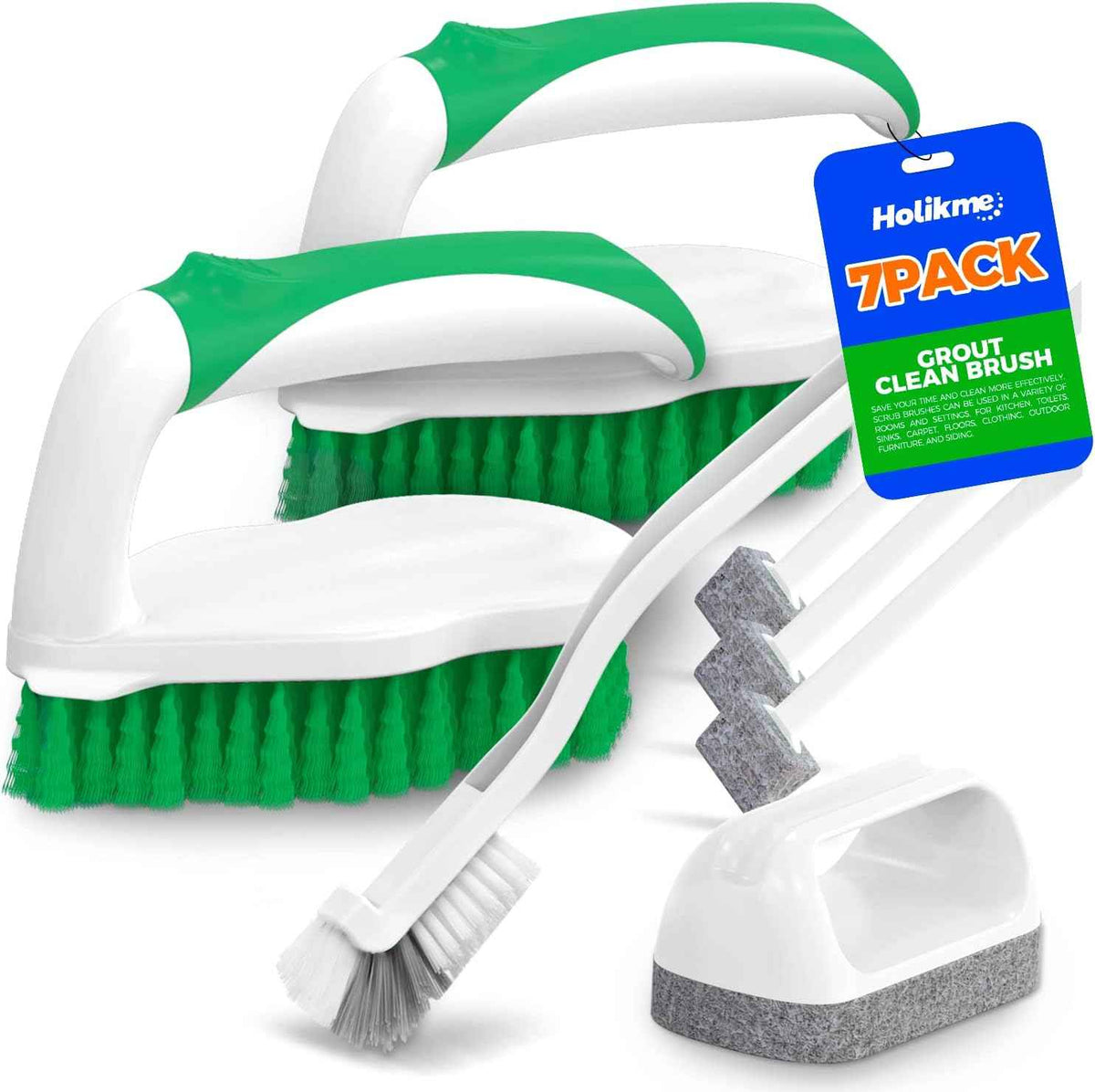 Holikme 7 Pack Deep Cleaning Brush Set, Scrub Pads with Scraper Tip for Pool Walls, Bathroom, Grout, Floor, Tub, Shower and Kitchen Surface (Green)