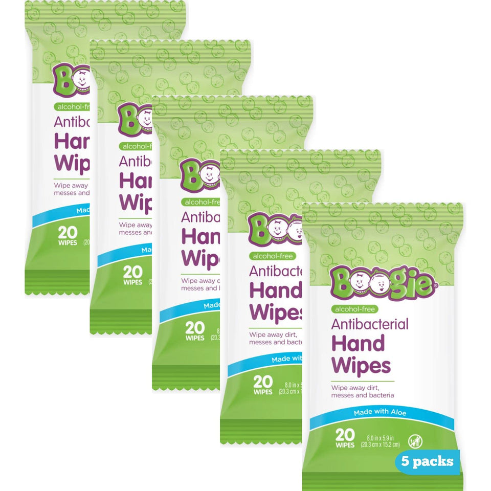 Boogie Antibacterial Hand Wipes, 100 Total Wipes, 5 Packs of 20, Alcohol Free, Hypoallergenic, Moisturizing Aloe for Kids and Adults