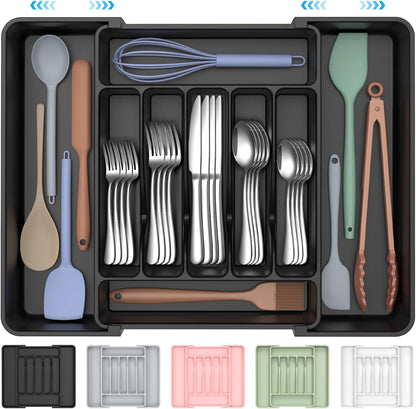 Extra Large Expandable Silverware Organizer, BPA-Free Food-Safe Cutlery Flatware Organizer, Kitchen Utensil Drawer Organizer, Adjustable Silverware Holder for Spoons Forks Knives, Black