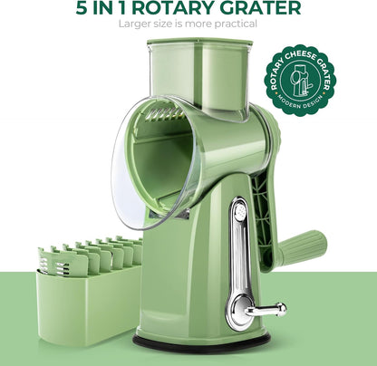 SUSTEAS Rotary Cheese Grater with Handle - Vegetable Shredder with 5 Well-designed Blades & Strong Suction Base,Round Mandoline Slicer & Food Chopper for Kitchen,with Blade Storage Box(Retro Green)