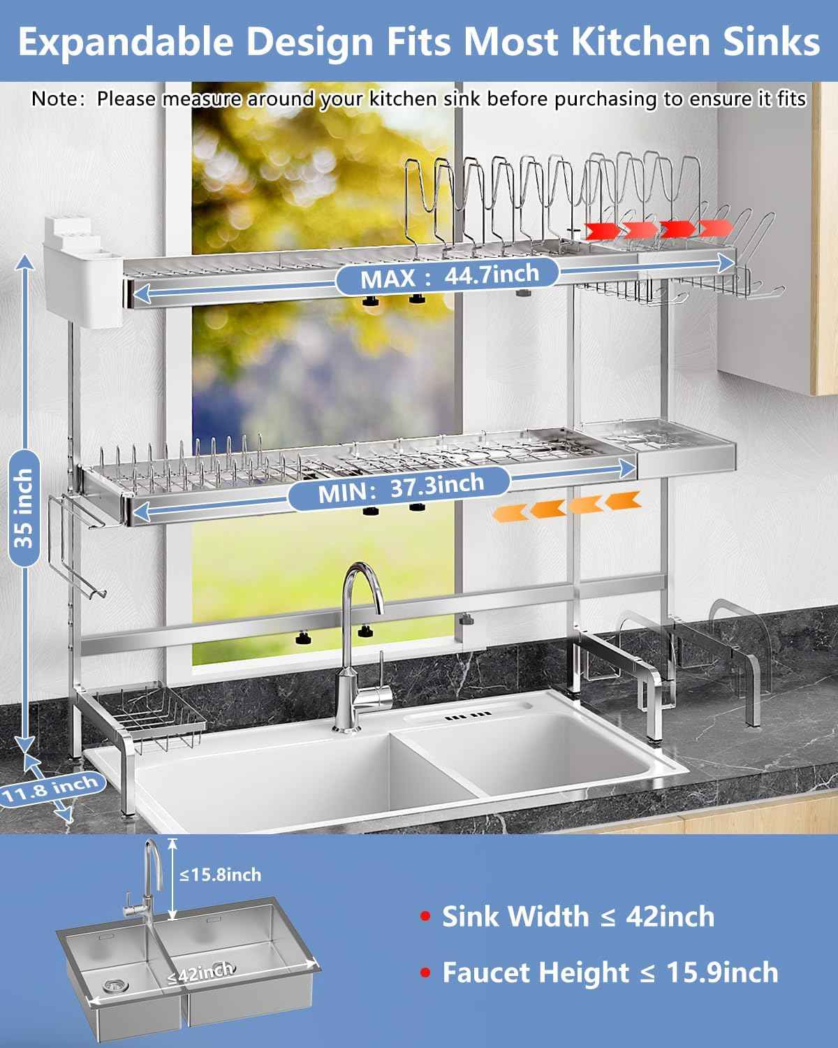 3 Tier Extra Large Over The Sink Dish Drying Rack, Expandable Stainless Steel Dish Drainer with Multifunctional Organizer, Space-Saving Above Sink Dish Rack with Large Capacity for Kitchen Counter