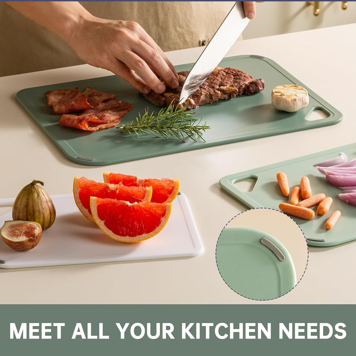 Plastic Cutting Board Set of 3-Cutting Boards for Kitchen BPA Free, Large-Small Chopping Boards Non-Slip for Cooking Camping Dishwasher Safe, Reversible, with Grip Handle, 15"×10"×0.6" Green