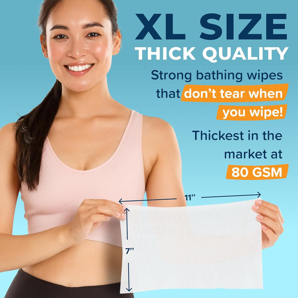 Body Wipes for Adults, No Rinse, 50pc XL, Ultra Thick Shower Travel Wipes for Personal Cleansing & Hygiene Essentials