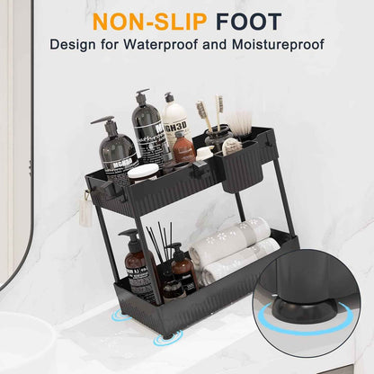 2 Pack Under Sink Organizer, Under Bathroom Cabinet Organizer with Hooks Hanging Cup, Multi-Purpose Storage Shelf for Kitchen Bathroom, Black