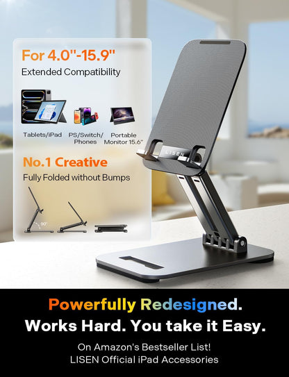 LISEN for iPad Stand Tablet Holder for Desk- Foldable Office Gifts for Men Women Desk Accessories, Home Gadgets Essentials Portable Monitor Stand for iPad a16 Accessories Bed Kindle Fire 4-15.9"