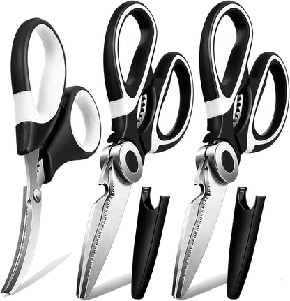 Food Grade Kitchen Scissors All Purpose 3 Pack - Heavy Duty Stainless Steel Cooking Shears for Cutting Meat, Food, Fish, Poultry Sharp Sissors for Dishwasher Safe - with Protective Sheath