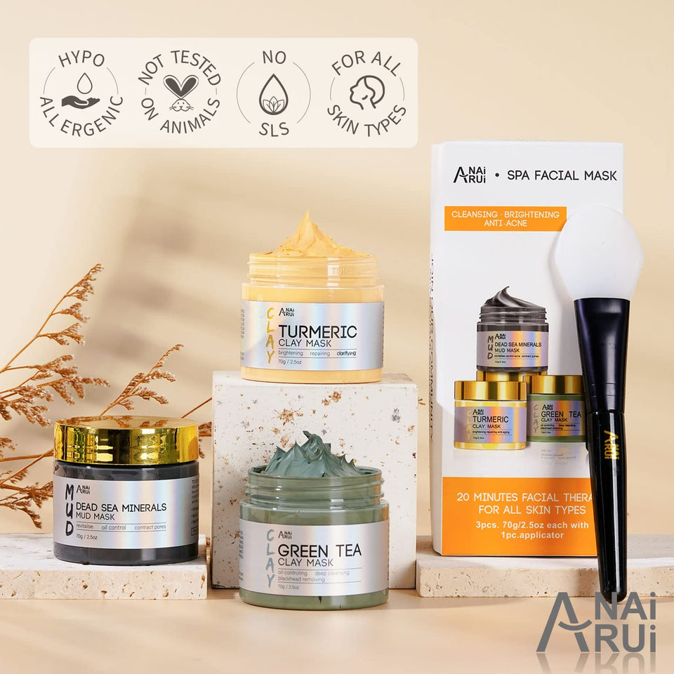 anai rui turmeric clay mask green tea clay mask dead sea minerals mud mask 3 piece facial spa gift set