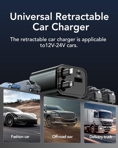 Retractable Car Charger Adapter for iPhone 17,4 in 1 Fast Charging Car Phone Charger,69W USB C Car Truck Accessories,Road Trip Essentials Gift for Men Women for iPhone 17 Pro Max/16/15/14/13/12,Galaxy