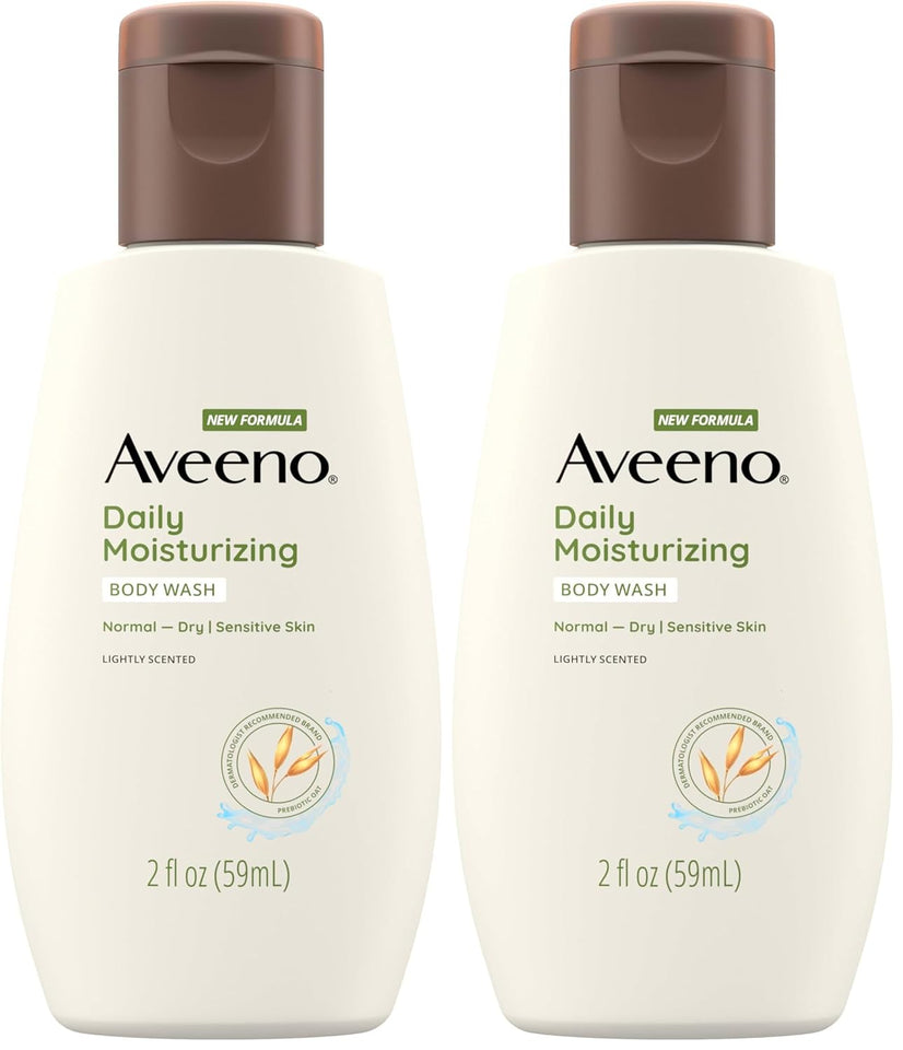 aveeno daily moisturizing body wash for sensitive skin + prebiotic oat, gentle on dry skin, 2 fl. oz travel size