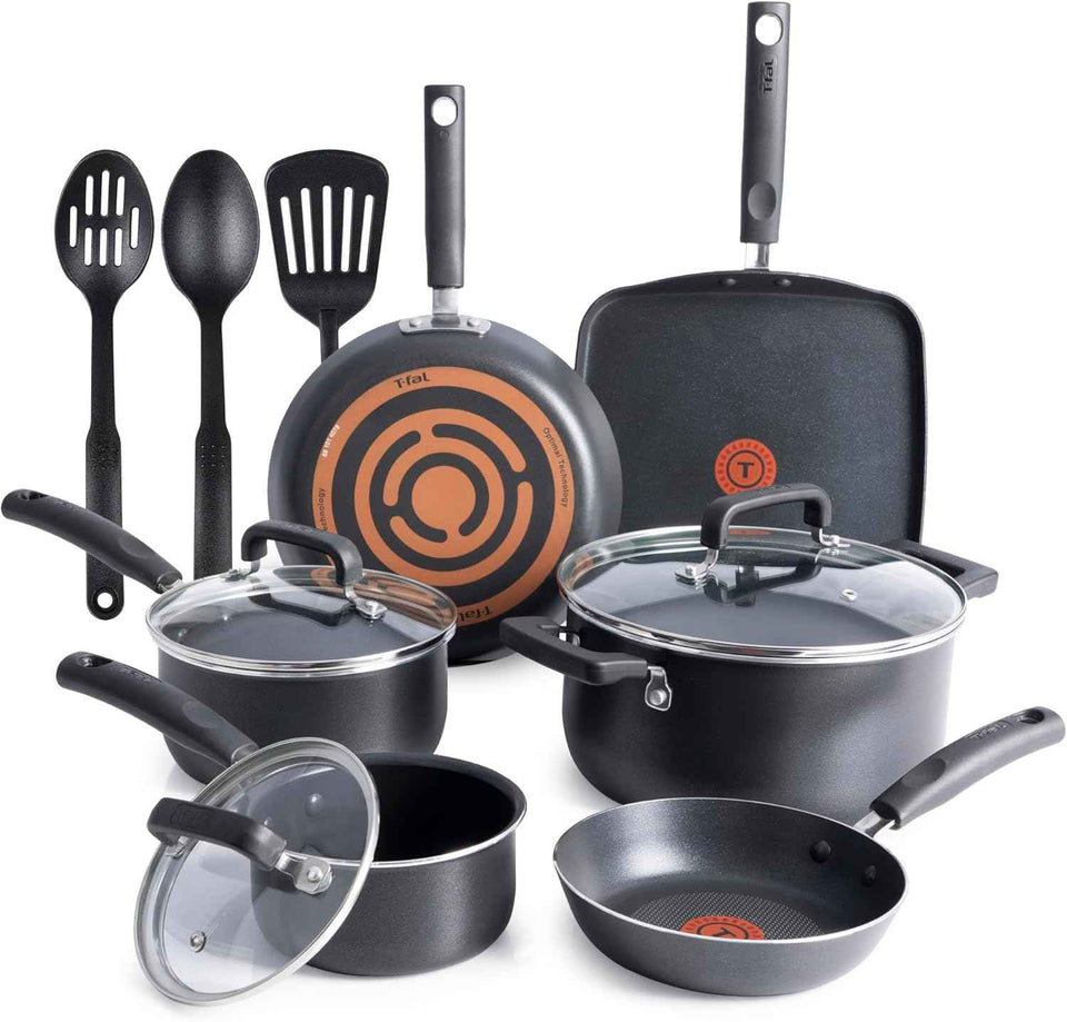 T-fal Signature Nonstick Cookware Set 12 Piece, Oven Broiler Safe 350F, Pots and Pans, Kitchen Cooking Set w/Fry Pans, Saucepans, Saute Pan, Dutch Oven, Griddle, Kitchen, Home, Dishwasher Safe, Black