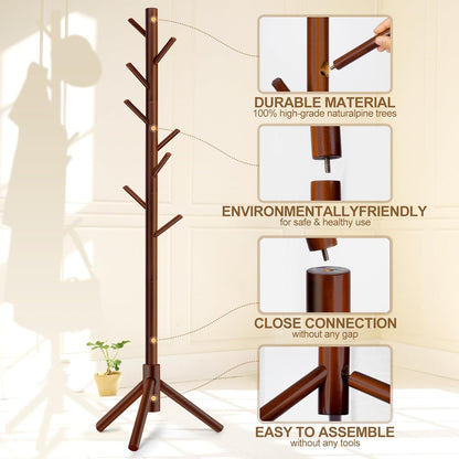 Solid Wooden Coat Rack Freestanding, New Zealand Pine Coat Tree with 8 Hooks & 3 Adjustable Sizes for Coats, Hats, Handbags and Scarves, Space Saving for Entryway/Office/Bedroom (Brown)