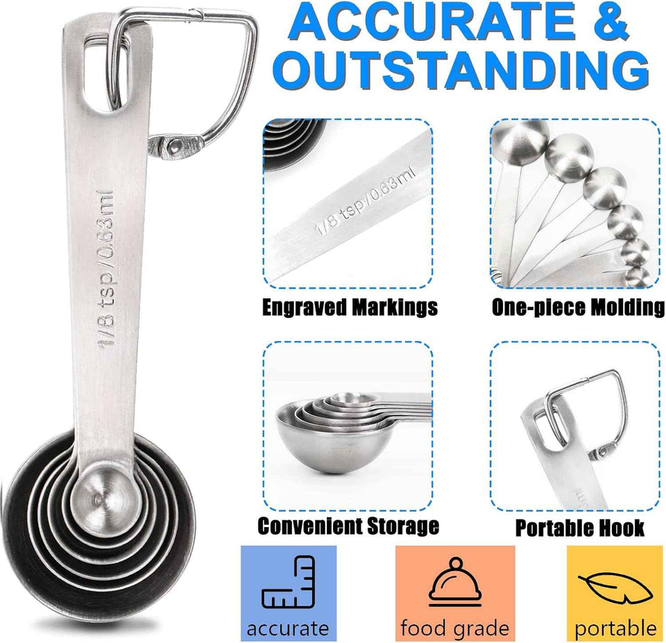 Measuring Spoons, Premium Heavy Duty 18/8 Stainless Steel Measuring Spoons Cups Set, Small Tablespoon with Metric and US Measurements, Set of 6 for Measuring Dry and Liquid Ingredients