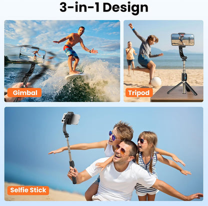 Smartphone Gimbal Stabilizer, 1-Axis Auto Balance & 360° Rotation, Extendable Aluminum Selfie Stick Tripod with Remote Control for iPhone & Android,Travel, Vlogging, TikTok, YouTube