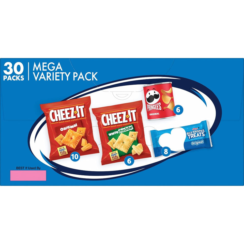 Kellogg's Cheez-It, Pringles & Rice Krispies Treats Snacks Mega Variety Pack, 30.1oz Box, 30 Count, Assorted Flavors
