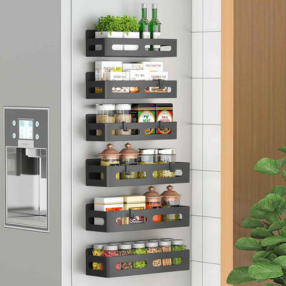 4 Pack Magnetic Spice Rack for Refrigerator, Spice Rack Organizer, Moveable Magnetic Shelf Fridge Organizer with 4 Hooks for Kitchen and Oven Organization, Black