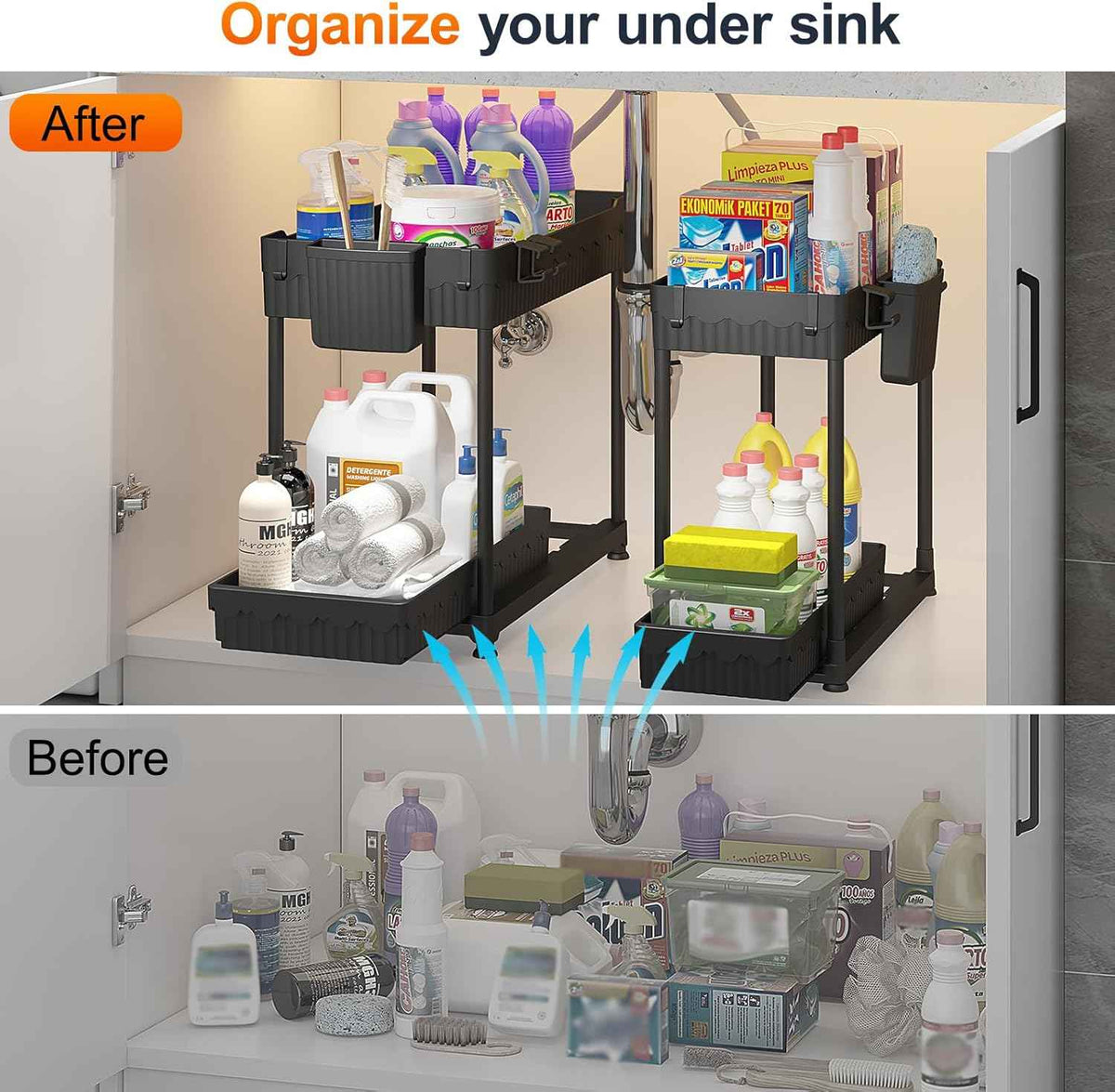 4-Pack Under Sink Organizer: 2-Tier Pull-Out Cabinet Storage with Hooks